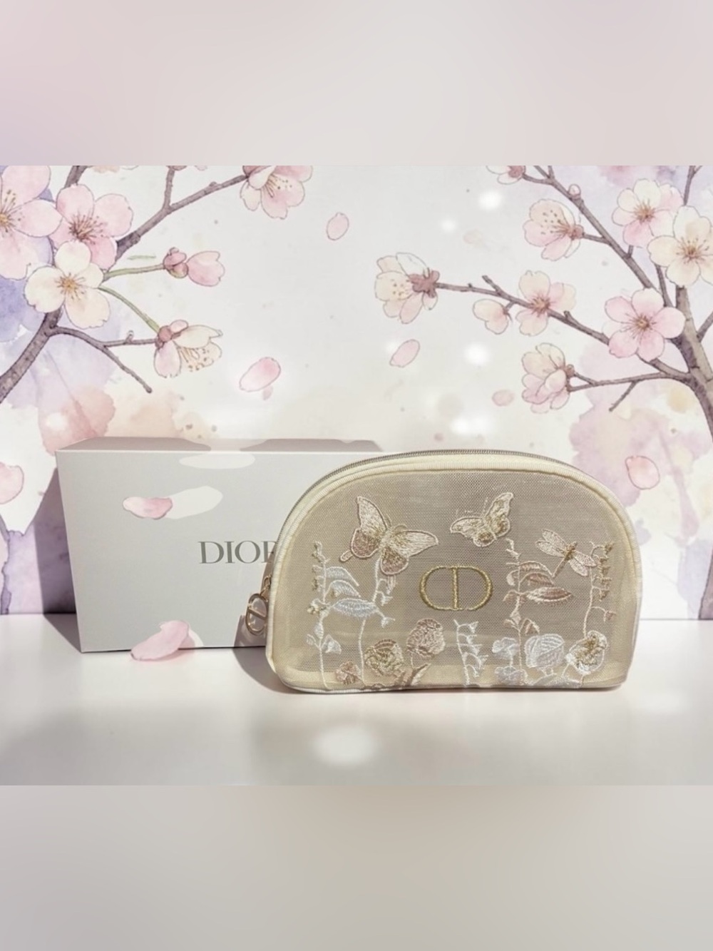 Dior Butterfly Floral Embroidered Cosmetic Makeup Pouch w/ Gift Box NWT